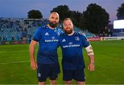11 June 2021; Scott Fardy, left, and Michael Bent of Leinster after the Guinness PRO14 match between Leinster v Dragons at RDS Arena in Dublin. The game is one of the first of a number of pilot sports events over the coming weeks which are implementing guidelines set out by the Irish government to allow for the safe return of spectators to sporting events. Photo by Ramsey Cardy/Sportsfile