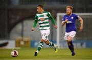 11 June 2021; Graham Burke of Shamrock Rovers in action against Ryan Connolly of Finn Harps during the SSE Airtricity League Premier Division match between Shamrock Rovers and Finn Harps at Tallaght Stadium in Dublin. The game is one of the first of a number of pilot sports events over the coming weeks which are implementing guidelines set out by the Irish government to allow for the safe return of spectators to sporting events. Photo by Stephen McCarthy/Sportsfile