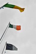 12 June 2021; The tricolour and the flags of the two competing counties, Dublin and Donegal, top, flutter in the wind before the Allianz Football League Division 1 semi-final match between Donegal and Dublin at Kingspan Breffni Park in Cavan. Photo by Ray McManus/Sportsfile