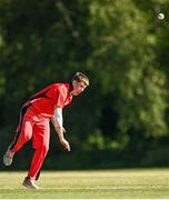20 June 2021; Mitchell Thompson of Munster Reds bowls during the Cricket Ireland InterProvincial Trophy 2021 match between Northern Knights and Munster Reds at Pembroke Cricket Club in Dublin. Photo by Harry Murphy/Sportsfile