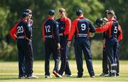 20 June 2021; Northern Knights players celebrate taking a wicket during the Cricket Ireland InterProvincial Trophy 2021 match between Northern Knights and Munster Reds at Pembroke Cricket Club in Dublin. Photo by Harry Murphy/Sportsfile