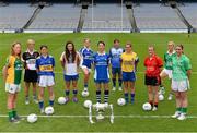 15 July 2013; Pictured at the launch of the 2013 TG4 Ladies Football Championship and RefCam announcement, are intermediate players, from left to right, Deirdre Ward, Leitrim, Etna Flanagan, Sligo, Anne O'Dwyer, Tipperary, Lucy Mulhall, Wicklow, Donna English, Cavan, Michelle McGrath, Waterford, Sharon Tracey, Longford, Niamh Warde, Roscommon, Sinead Fegan, Down, Tara Little, Fermanagh and  Emma McGuire, Limerick. September 29th will be the 40th time that the final of the Senior Ladies Gaelic Football Final will be contested. The first final took place in October 1974 and was contested by Tipperary and Offaly in a game that was won by the Tipperary women. The most successful team in the history of the game are Kerry who have won the title on 11 occasions including an unprecedented 9-in-a-row. In recent years Cork have been the dominant force winning 7 of the last 8 titles. TG4 made the announcement that RefCam will be introduced to Irish Sport for the first time. The lightweight head mounted device will be a feature of TG4’s live coverage of the 2013 Ladies Football Championship and will provide viewers with unique insight into the game but it will also be a hugely valuable coaching resource for referees. 2013 TG4 All-Ireland Ladies Football Championship Launch, Croke Park, Dublin. Picture credit: David Maher / SPORTSFILE