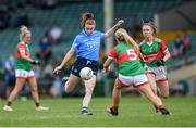 12 June 2021; Lauren Magee of Dublin shoots under pressure from Eilish Ronayne of Mayo during the Lidl Ladies National Football League Division 1 semi-final match between Dublin and Mayo at LIT Gaelic Grounds in Limerick. Photo by Piaras Ó Mídheach/Sportsfile