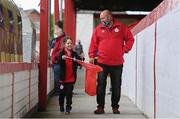 26 June 2021; 6 year old Shelbourne supporter Megan Lynch arrives with her father Paul prior to the SSE Airtricity Women's National League match between Shelbourne and Cork City at Tolka Park in Dublin. Photo by Ramsey Cardy/Sportsfile