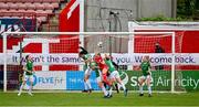 26 June 2021; Jessie Stapleton of Shelbourne heads under pressure from Lauren Egbuloniu, left, Ciara McNamara, centre, and Éabha O’Mahony of Cork City during the SSE Airtricity Women's National League match between Shelbourne and Cork City at Tolka Park in Dublin. Photo by Ramsey Cardy/Sportsfile