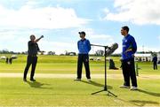 27 June 2021; Match referee Graham McCrea tosses the coin watched by Leinster Lightning captain George Dockrell and North West Warriors captain Andy McBrine before the Cricket Ireland InterProvincial Trophy 2021 match between North West Warriors and Leinster Lightning at Bready Cricket Club in Magheramason, Tyrone. Photo by Harry Murphy/Sportsfile