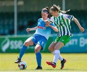 27 June 2021; Eve Conheady of Peamount United in action against Karyn Burke of Bray Wanderers during the EA SPORTS Women's National U19 League match between Bray Wanderers and Peamount United at Carlisle Grounds in Bray, Wicklow. Photo by Michael P Ryan/Sportsfile