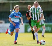 27 June 2021; Karyn Burke of Bray Wanderers in action against Tara O'Hanlon of Peamount United during the EA SPORTS Women's National U19 League match between Bray Wanderers and Peamount United at Carlisle Grounds in Bray, Wicklow. Photo by Michael P Ryan/Sportsfile