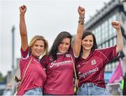 3 July 2021; Galway supporters, from left, Aoife Reilly, and Aisling Fahey, from Corofin, and Amy Kerr, from Annadown, before their side's Leinster GAA Hurling Senior Championship Semi-Final match against Dublin at Croke Park in Dublin. Photo by Seb Daly/Sportsfile