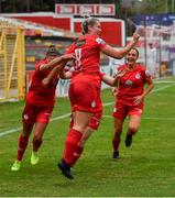 3 July 2021; Saoirse Noonan of Shelbourne celebrates with team-mates after scoring her side's first goal during the SSE Airtricity Women's National League match between Shelbourne and Peamount United at Tolka Park in Dublin. Photo by Eóin Noonan/Sportsfile