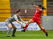 3 July 2021; Jess Ziu of Shelbourne  in action against Niamh Reid-Burke of Peamount United during the SSE Airtricity Women's National League match between Shelbourne and Peamount United at Tolka Park in Dublin. Photo by Eóin Noonan/Sportsfile