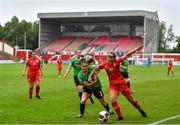 3 July 2021; Saoirse Noonan of Shelbourne in action against Lauryn O'Callaghan of Peamount United during the SSE Airtricity Women's National League match between Shelbourne and Peamount United at Tolka Park in Dublin. Photo by Eóin Noonan/Sportsfile