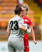 3 July 2021; Niamh Reid-Burke of Peamount United with Saoirse Noonan of Shelbourne during the SSE Airtricity Women's National League match between Shelbourne and Peamount United at Tolka Park in Dublin. Photo by Eóin Noonan/Sportsfile