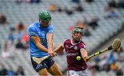 3 July 2021; Chris Crummey of Dublin shoots to score his side's first goal, despite pressure from Galway's Fintan Burke, during the Leinster GAA Hurling Senior Championship Semi-Final match between Dublin and Galway at Croke Park in Dublin. Photo by Seb Daly/Sportsfile