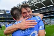 3 July 2021; Dublin players Chris Crummey, behind, and James Madden celebrate after their side's victory in the Leinster GAA Hurling Senior Championship Semi-Final match between Dublin and Galway at Croke Park in Dublin. Photo by Piaras Ó Mídheach/Sportsfile