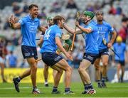 3 July 2021; Dublin players, from left, Chris Crummey, Ronan Hayes and Fergal Whitely celebrate after their side's victory over Galway in their Leinster GAA Hurling Senior Championship Semi-Final match at Croke Park in Dublin. Photo by Seb Daly/Sportsfile