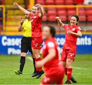 3 July 2021; Saoirse Noonan of Shelbourne and team-mate Emily Whelan celebrate at the final whistle during the SSE Airtricity Women's National League match between Shelbourne and Peamount United at Tolka Park in Dublin. Photo by Eóin Noonan/Sportsfile