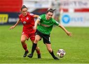 3 July 2021; Sabhdh Doyle of Peamount United in action against Jess Ziu of Shelbourne during the SSE Airtricity Women's National League match between Shelbourne and Peamount United at Tolka Park in Dublin. Photo by Eóin Noonan/Sportsfile