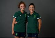 29 June 2021; Sarah McAuley, left, and Anna O'Flanagan during a Tokyo 2020 Team Ireland Announcement for Hockey in the Sport Ireland Institute at the Sport Ireland Campus in Dublin. Photo by Brendan Moran/Sportsfile