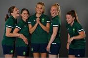 29 June 2021; Team Ireland players, from left, Katie Mullan, Lizzie Holden, Zara Malseed, Ayeisha McFerran and Shirley McCay during a Tokyo 2020 Team Ireland Announcement for Hockey in the Sport Ireland Institute at the Sport Ireland Campus in Dublin. Photo by Brendan Moran/Sportsfile