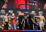 9 July 2021; Conor McGregor, right, and Dustin Poirier during UFC 264 weigh-ins at the T-Mobile Arena in Las Vegas, Nevada, USA. Photo by Thomas King/Sportsfile