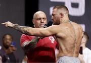 9 July 2021; Conor McGregor is interviewed by Joe Rogan during weigh-ins for UFC 264 at the T-Mobile Arena in Las Vegas, Nevada, USA. Photo by Thomas King/Sportsfile