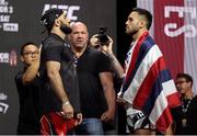 9 July 2021; Opponents Omari Akhmedov, right, and Brad Taveres face off during UFC 264 weigh-ins at the T-Mobile Arena in Las Vegas, Nevada, USA. Photo by Thomas King/Sportsfile