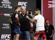 9 July 2021; Opponents Ryan Hall and Ilia Topuria, right, face off during UFC 264 weigh-ins at the T-Mobile Arena in Las Vegas, Nevada, USA. Photo by Thomas King/Sportsfile