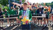 10 July 2021; Silver medallist David Kenny of Ireland with his medal during the victory ceremony for the Men's 20k walk during day three of the European Athletics U23 Championships at the Kadriorg Stadium in Tallinn, Estonia. Photo by Marko Mumm/Sportsfile