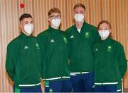 10 July 2021; Team Ireland swimmers, from left, Darragh Greene, Daniel Wiffen, Mona McSharry and Shane Ryan at Dublin Airport on their departure for the Tokyo 2020 Olympic Games. Photo by Ramsey Cardy/Sportsfile