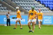 10 July 2021; Ciaran Johnston of Antrim reacts as the whistle is blown for half-time during the GAA Hurling All-Ireland Senior Championship preliminary round match between Antrim and Laois at Parnell Park in Dublin. Photo by Seb Daly/Sportsfile