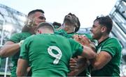 10 July 2021; Robert Baloucoune of Ireland celebrates with team-mates James Hume, Craig Casey and Hugo Keenan after scoring their side's first try during the International Rugby Friendly match between Ireland and USA at the Aviva Stadium in Dublin. Photo by Brendan Moran/Sportsfile