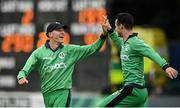 13 July 2021; Harry Tector of Ireland, left, is congratulated by team-mate George Dockrell after catching South Africa's David Miller during the 2nd Dafanews Cup Series One Day International match between Ireland and South Africa at The Village in Malahide, Dublin. Photo by Seb Daly/Sportsfile