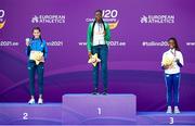 16 July 2021; Gold medalist Rhasidat Adeleke, centre, of Ireland with her medal during the victory ceremony for the women's 100 metres during day two of the European Athletics U20 Championships at the Kadriorg Stadium in Tallinn, Estonia. Photo by Marko Mumm/Sportsfile