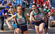 17 July 2021; Caoimhe Cronin, left, and Maeve O'Neill of Ireland competing in the Women’s 4 x 400 Metre Relay Heats during day three of the European Athletics U20 Championships at the Kadriorg Stadium in Tallinn, Estonia. Photo by Marko Mumm/Sportsfile