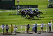 17 July 2021; John The Baptist, with Mark Enright up, top left, cross the line to win a photo finish in the Juddmonte Farms Expert Eye Irish EBF Maiden at The Curragh Racecourse in Kildare. Photo by David Fitzgerald/Sportsfile