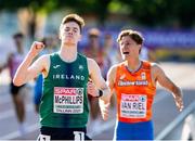 17 July 2021; Cian McPhillips of Ireland celebrates after finishing first in the Men’s 1500 Metre Final during day three of the European Athletics U20 Championships at the Kadriorg Stadium in Tallinn, Estonia. Photo by Marko Mumm/Sportsfile