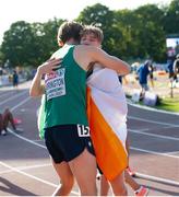 17 July 2021; Fionn Harrington, left, congratuales team-mate Nicholas Griggs of Ireland after winning gold in the final of the men's 3000m during day three of the European Athletics U20 Championships at the Kadriorg Stadium in Tallinn, Estonia. Photo by Marko Mumm/Sportsfile