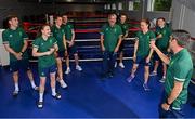 29 June 2021; High-performance director Bernard Dunne and coach John Conlan share a joe with boxers, from left, Aidan Walsh, Michaela Walsh, Aoife O'Rourke, Emmet Brennan, Kurt Walker, Kellie Harrington and Brendan Irvine during a Tokyo 2020 Team Ireland Announcement for Boxing in the Sport Ireland Institute at the Sport Ireland Campus in Dublin. Photo by Ramsey Cardy/Sportsfile