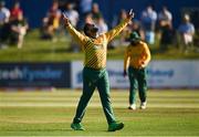 19 July 2021; Tabraiz Shamsi of South Africa celebrates the wicket of  Mark Adair of Ireland during the Men's T20 International match between Ireland and South Africa at Malahide Cricket Club in Dublin. Photo by Harry Murphy/Sportsfile