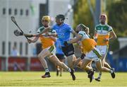 20 July 2021; Donal Leavy of Dublin in action against Cian Burke, left, and Jack Screeney of Offaly during the Leinster GAA Hurling U20 Championship semi-final match between Dublin and Offaly at Parnell Park in Dublin. Photo by Daire Brennan/Sportsfile