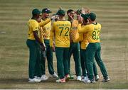 22 July 2021; Quinton de Kock of South Africa is congratulated by team-mates after catching out Andrew Balbirnie of Ireland during the Men's T20 International match between Ireland and South Africa at Stormont in Belfast. Photo by David Fitzgerald/Sportsfile