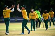 22 July 2021; Aiden Markram is congratulated by team-mate David Miller of South Africa after catching out George Dockrell of Ireland during the Men's T20 International match between Ireland and South Africa at Stormont in Belfast. Photo by David Fitzgerald/Sportsfile