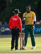 22 July 2021; Lungi Ngidi of South Africa hands the ball back to the umpire after winning the Men's T20 International match between Ireland and South Africa at Stormont in Belfast. Photo by David Fitzgerald/Sportsfile