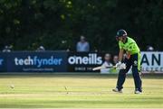 22 July 2021; Lorcan Tucker of Ireland is bowled out to finish the game during the Men's T20 International match between Ireland and South Africa at Stormont in Belfast. Photo by David Fitzgerald/Sportsfile