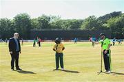 24 July 2021; Match referee Kevin Gallagher looks on alongside South Africa captain Temba Bavuma as Ireland captain Andrew Balbirnie tosses the coin prior to the Men's T20 International match between Ireland and South Africa at Stormont in Belfast. Photo by David Fitzgerald/Sportsfile