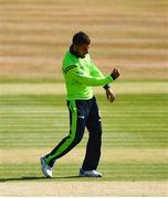 24 July 2021; Simi Singh of Ireland celebrates after taking the wicket of Reeza Hendricks of South Africa during the Men's T20 International match between Ireland and South Africa at Stormont in Belfast. Photo by David Fitzgerald/Sportsfile