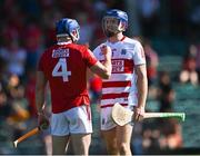 23 July 2021; Cork goalkeeper Patrick Collins and team-mate Niall O'Leary celebrate after his side's victory in the GAA Hurling All-Ireland Senior Championship Round 2 match between Clare and Cork at LIT Gaelic Grounds in Limerick. Photo by Piaras Ó Mídheach/Sportsfile