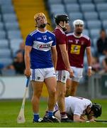 24 July 2021; Charles Dwyer of Laois reacts to a free out or a foul on Westmeath goalkeeper Noel Conaty during the Allianz Hurling League Division 1 Relegation Play-off match between Laois and Westmeath at MW Hire O'Moore Park in Portlaoise, Co Laois. Photo by Harry Murphy/Sportsfile