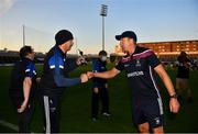 24 July 2021; Laois manager Seamus Plunkett and Westmeath manager Shane O'Brien fist bump after the Allianz Hurling League Division 1 Relegation Play-off match between Laois and Westmeath at MW Hire O'Moore Park in Portlaoise, Co Laois. Photo by Harry Murphy/Sportsfile